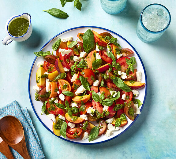 80 Acres Farms | Basil | Peach Caprese Salad | Recipes